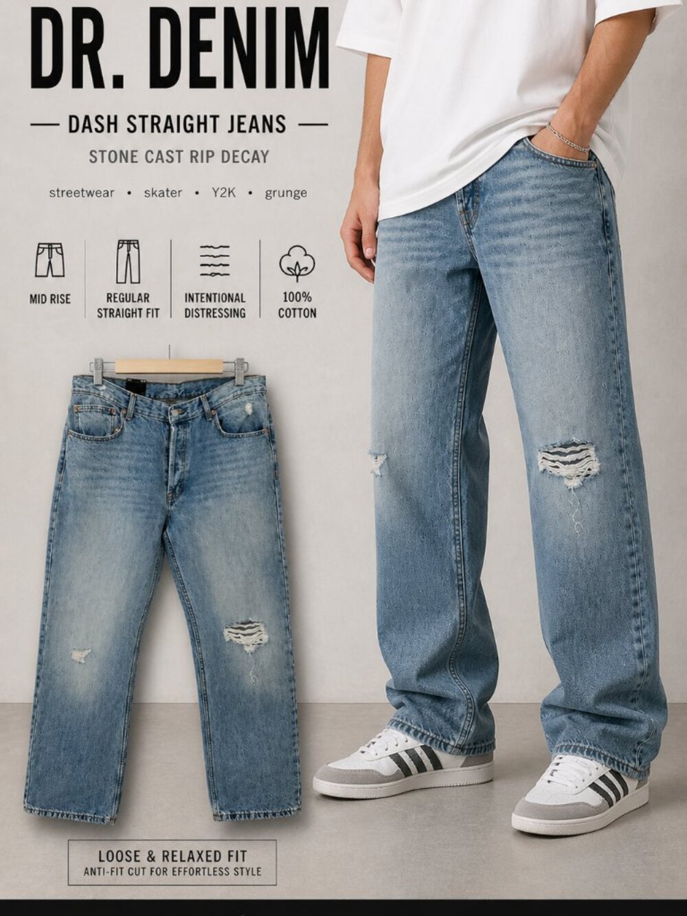 Dr. Denim Dash Stone Cast Rip Decay Distressed Light Blue Straight Jeans 34x 32